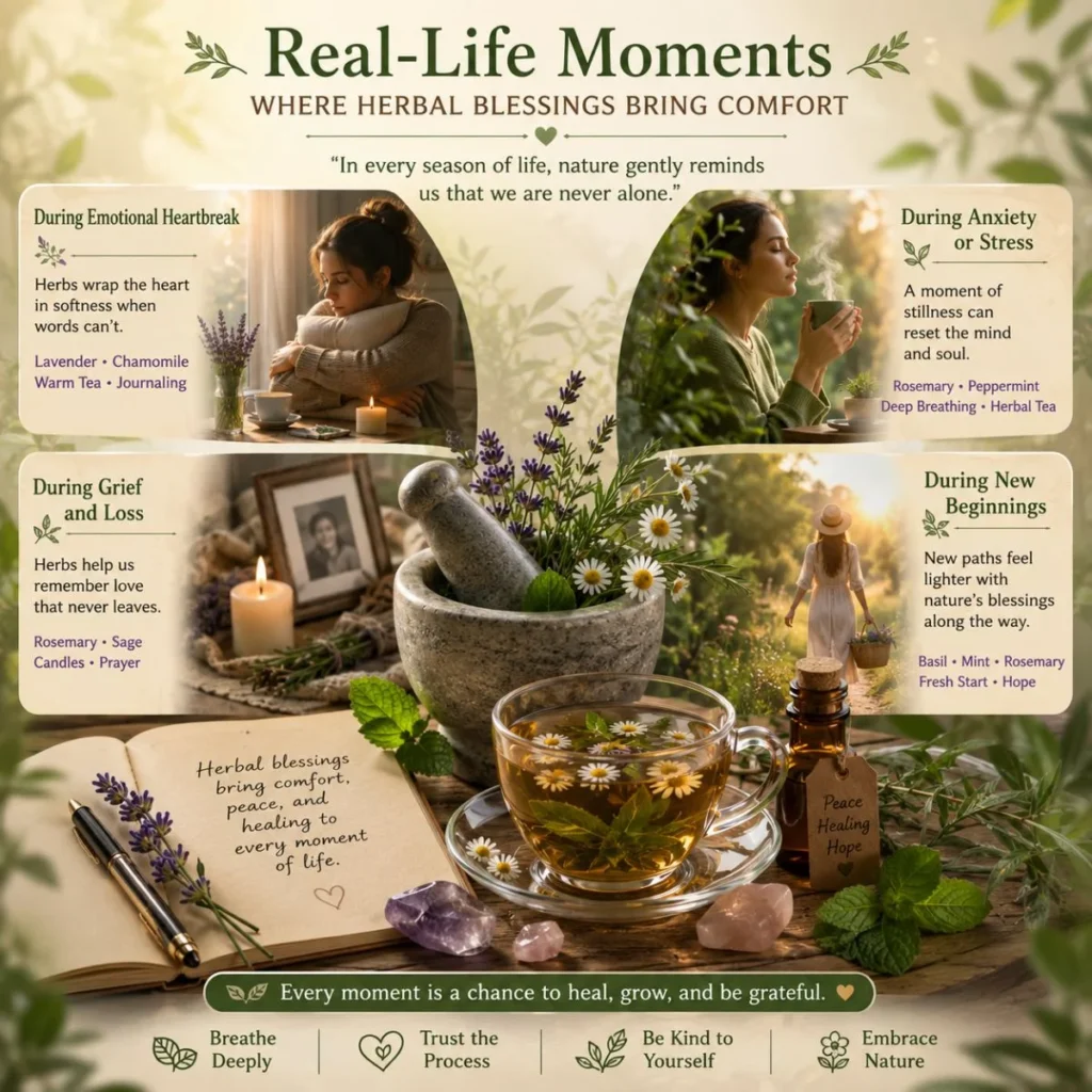 Herbal blessings collage showing emotional healing, grief support, stress relief, and peaceful herbal rituals