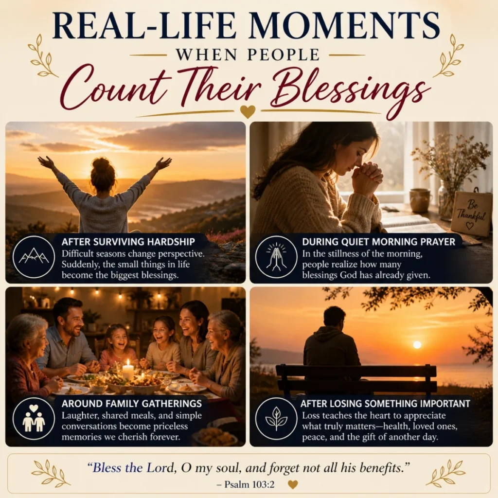 Real-life moments when people count their blessings through prayer, family, hardship, and gratitude