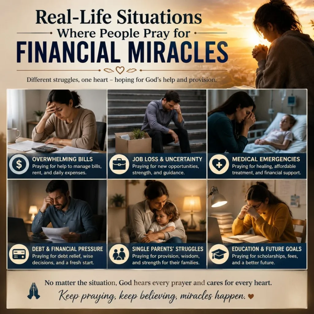 Real-life situations where people pray for financial miracles including debt, job loss, medical bills, and family struggles