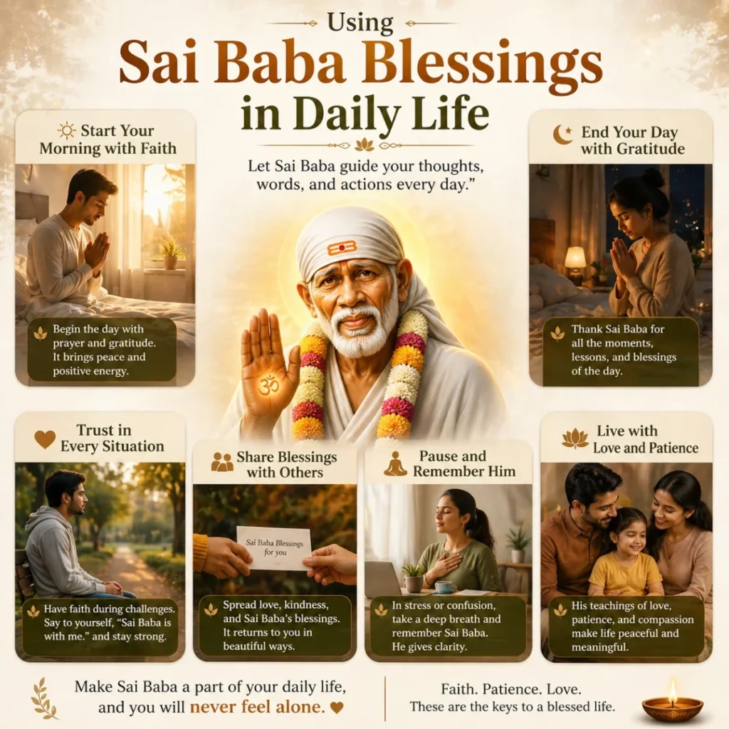 Sai Baba blessings in daily life showing prayer, gratitude, faith, and peaceful living guidance
