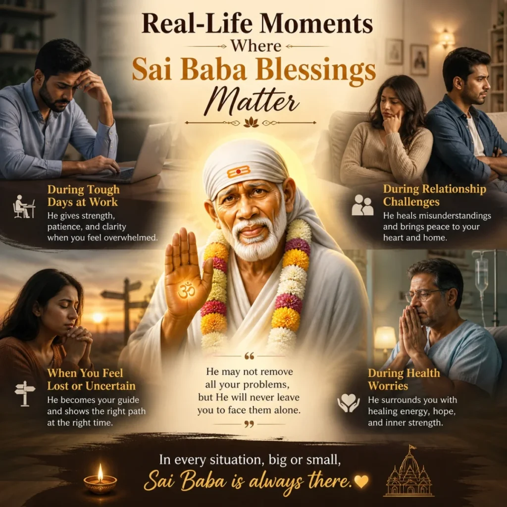 Sai Baba blessings in real life moments showing emotional support, faith, and inner peace during difficult times