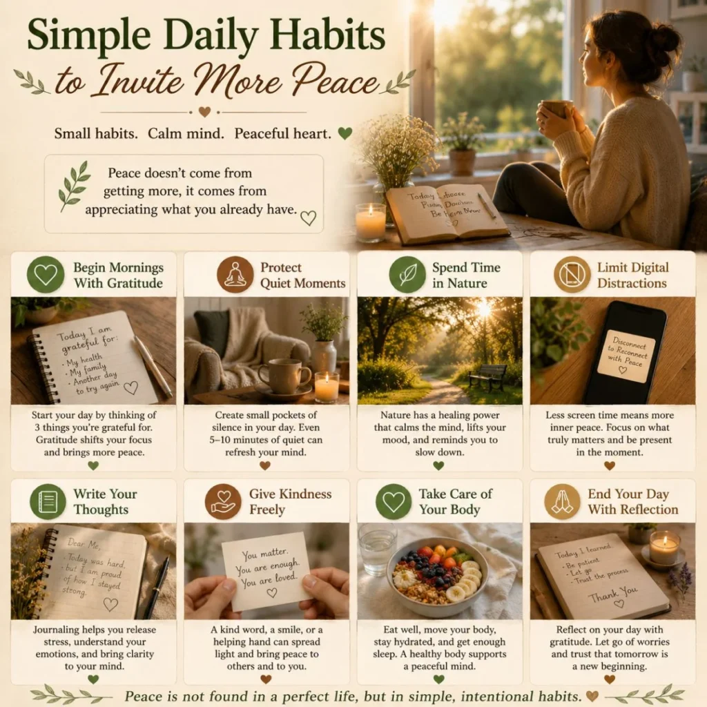 Simple daily habits to invite more peace through gratitude, mindfulness, quiet moments, and emotional wellness