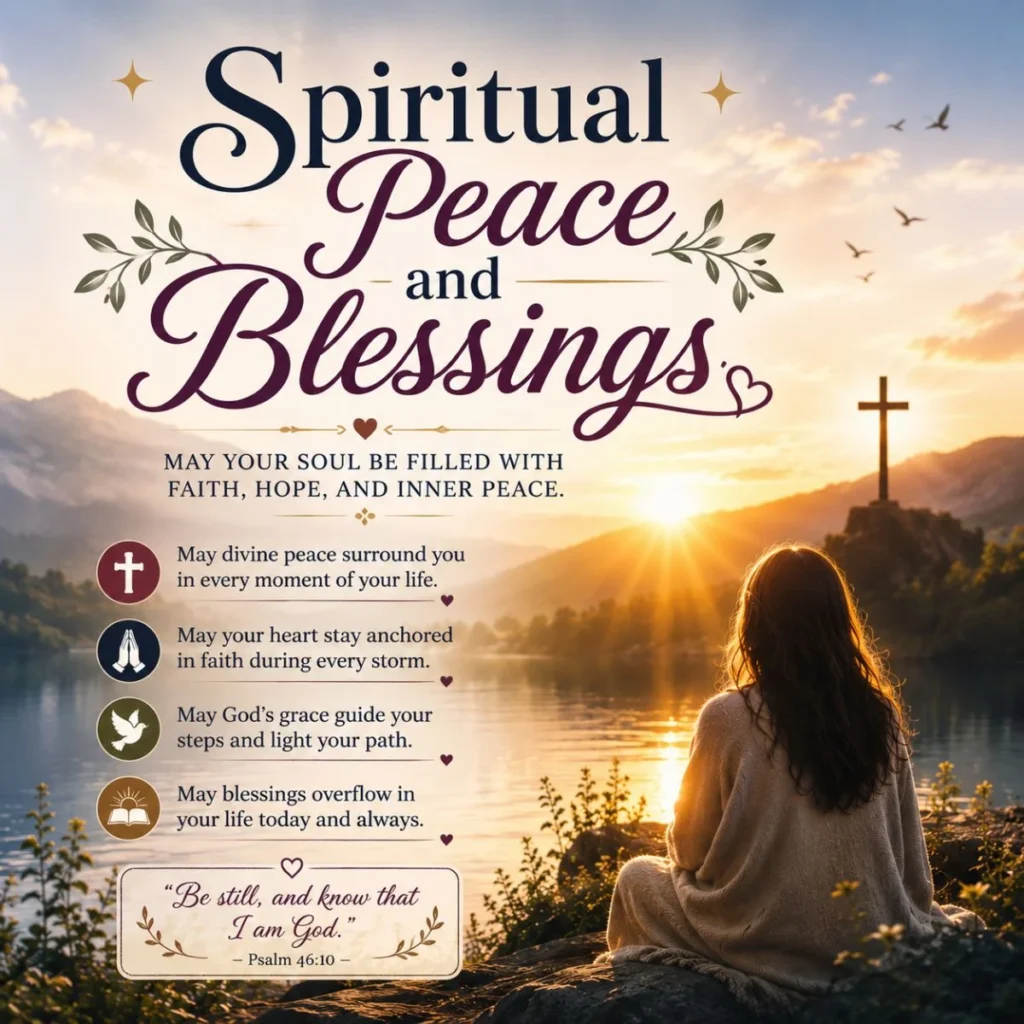 Spiritual peace and blessings sunset image with faith quotes and woman praying beside peaceful lake