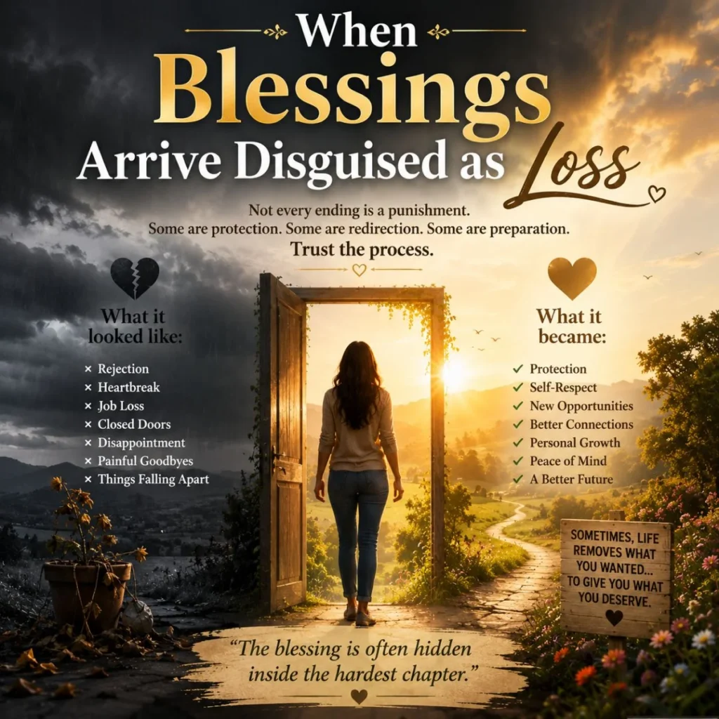 Woman walking from darkness into sunlight symbolizing blessings disguised as loss, healing, and new beginnings
