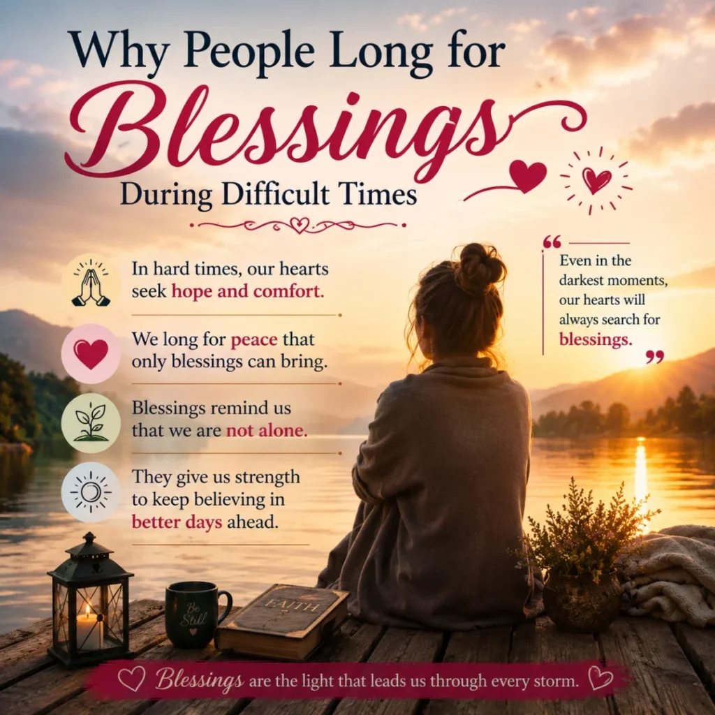 Woman reflecting by peaceful lake during sunset with blessings quote about hope and strength in difficult times