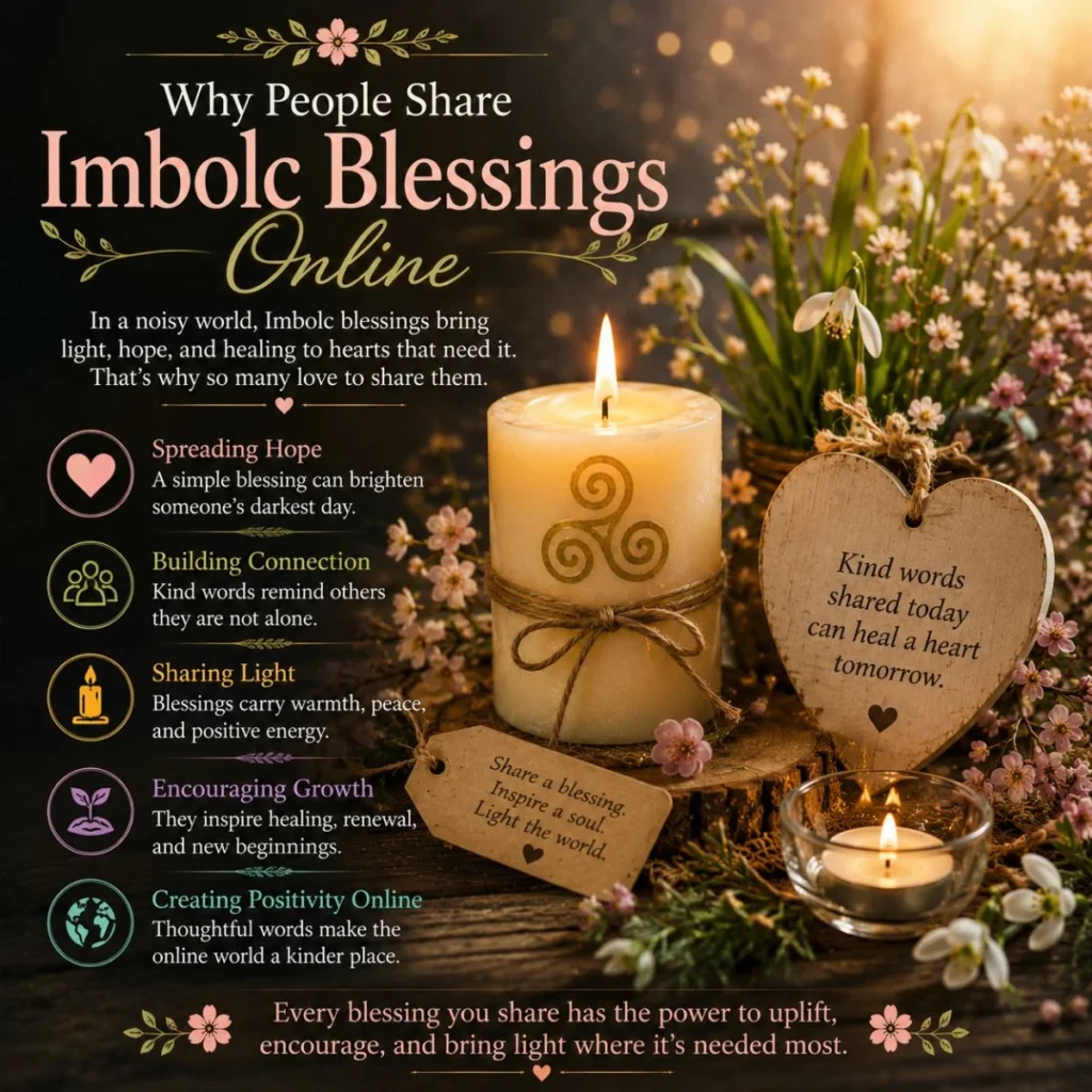 Imbolc blessings online image with candles, flowers, and spiritual quotes about hope and renewal