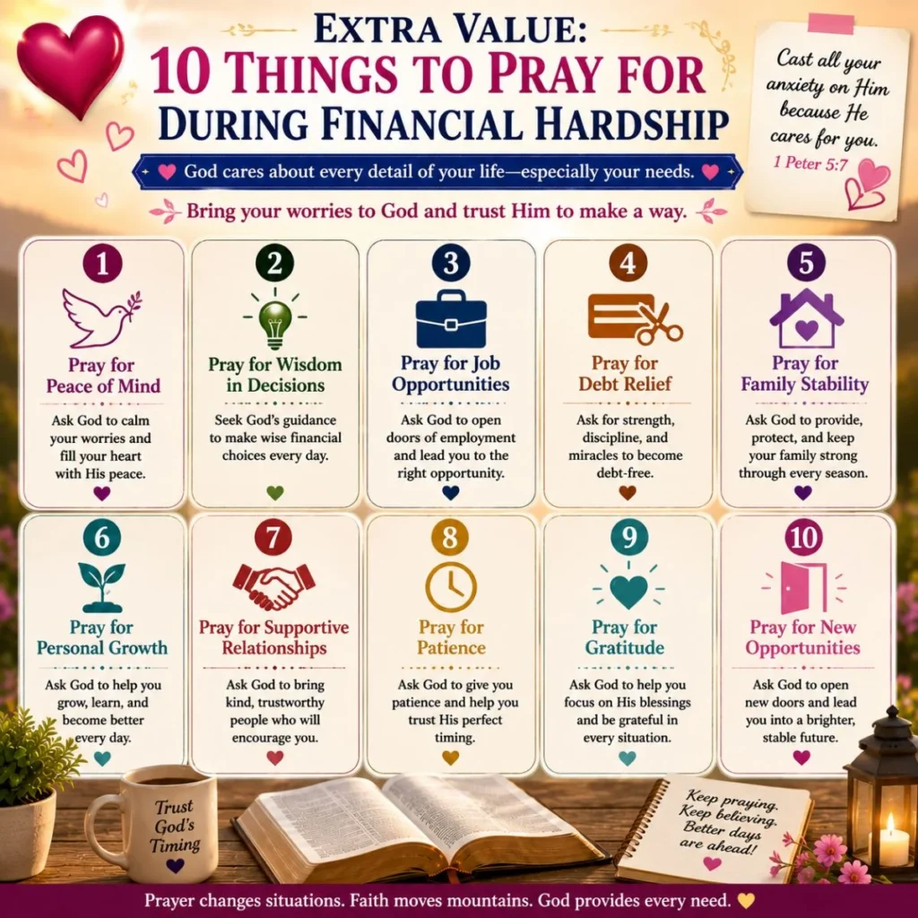 10 things to pray for during financial hardship infographic with Bible, faith messages, and financial encouragement