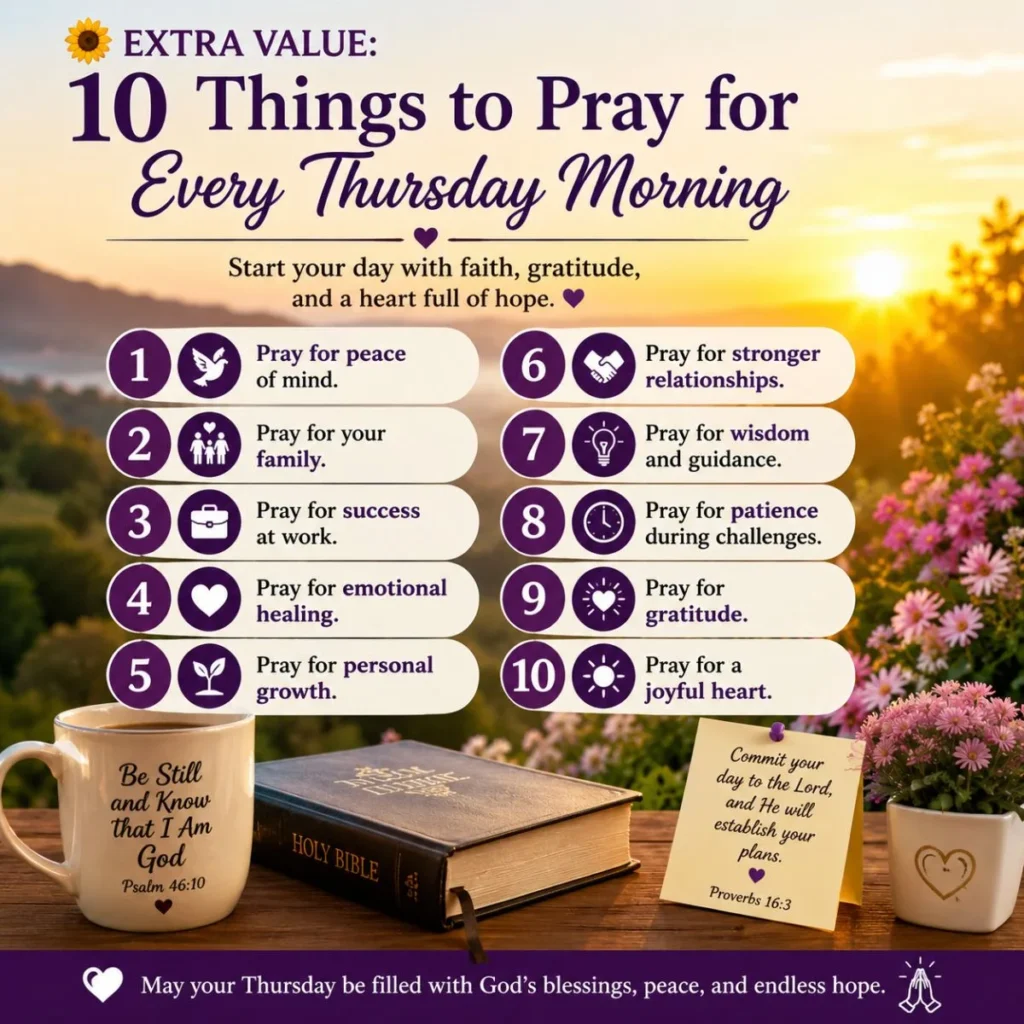 10 things to pray for every Thursday morning infographic with sunrise, Bible, coffee mug, flowers, and prayer list