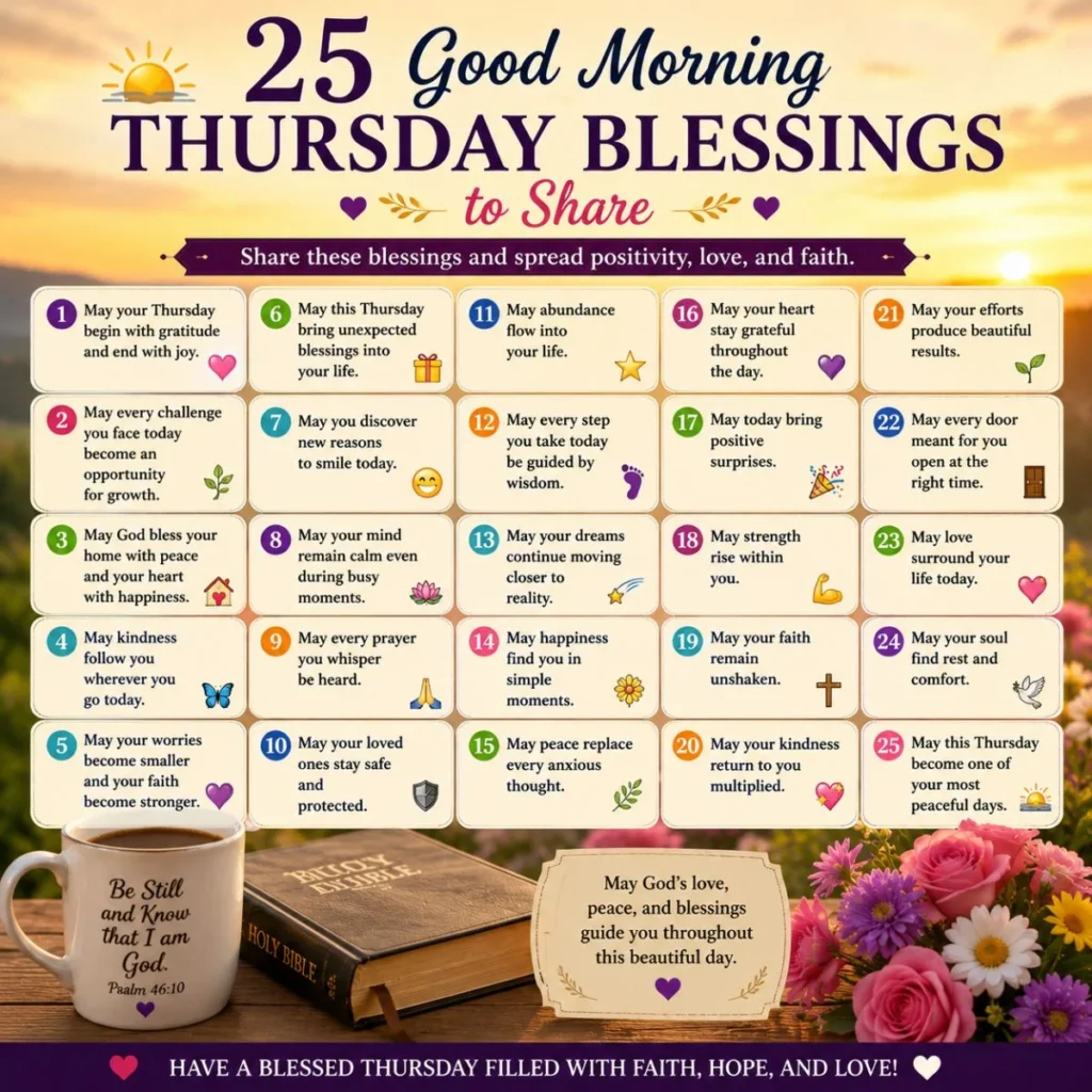 25 good morning Thursday blessings to share infographic with sunrise, Bible, coffee mug, flowers, and inspirational messages