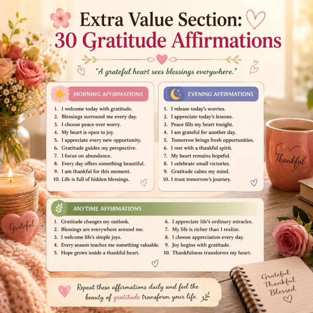 30 gratitude affirmations in a peaceful inspirational design that encourages daily thankfulness and positivity
