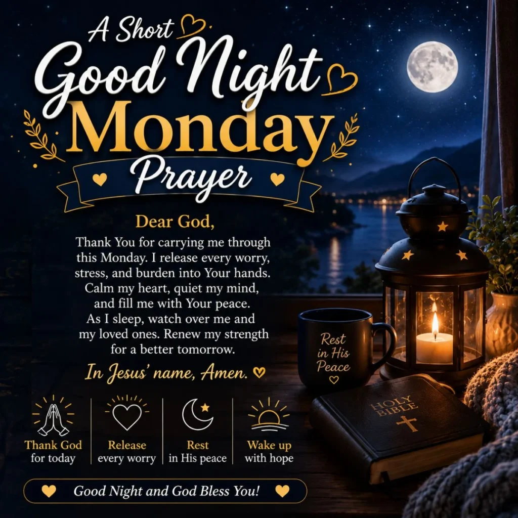 A Short Good Night Monday Prayer image with moonlit scenery, candle lantern, Bible, and peaceful bedtime prayer.