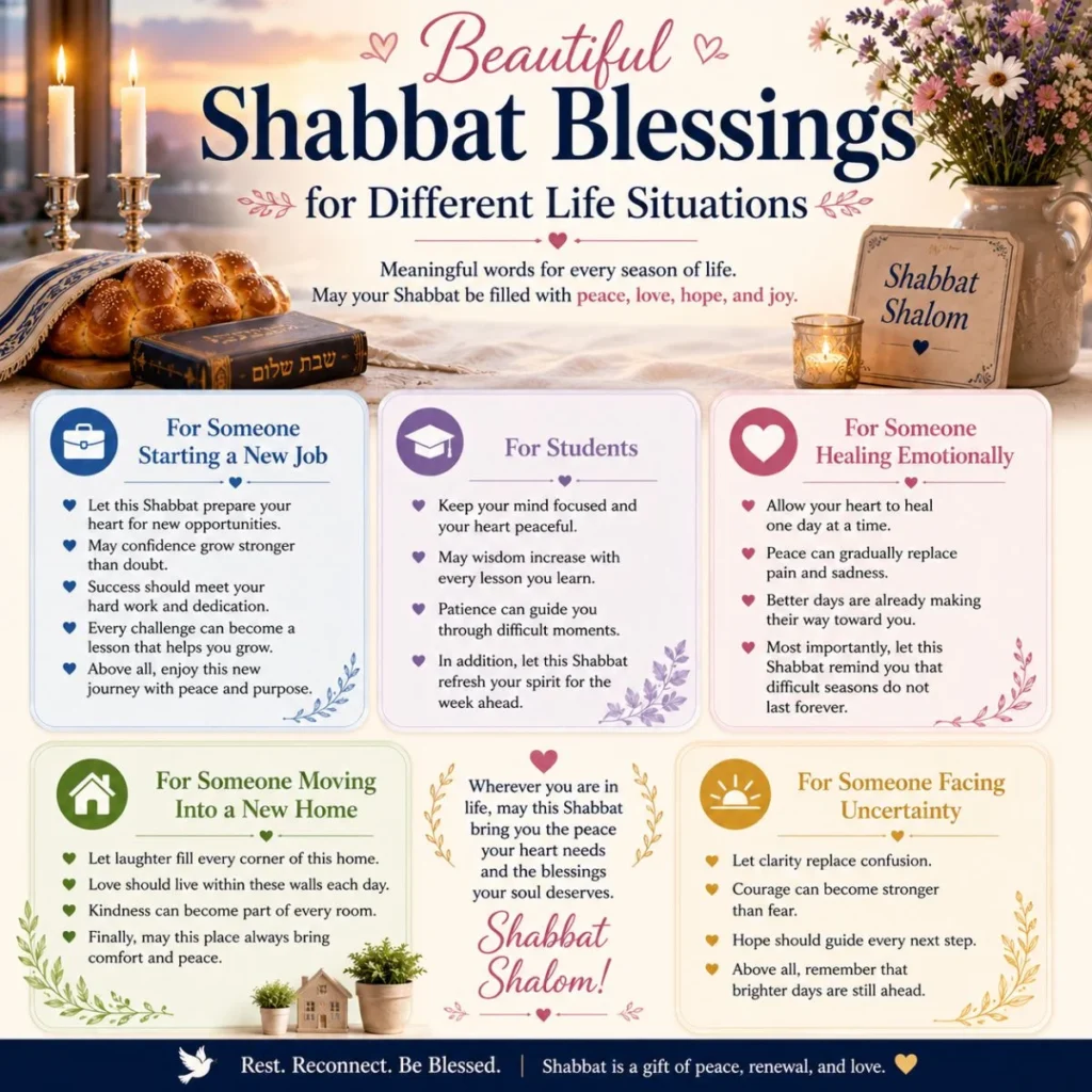 Beautiful Shabbat blessings infographic for different life situations with peaceful messages, candles, and spiritual symbols