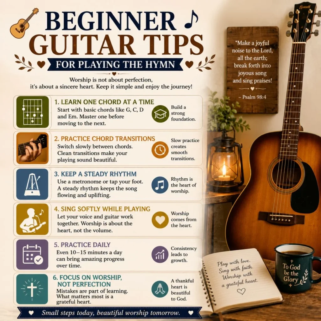 Beginner guitar tips infographic for playing a worship hymn with guitar, practice steps, and faith-based guidance.