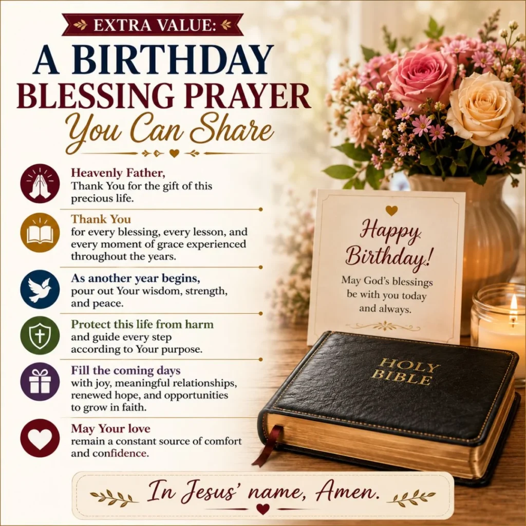 Birthday blessing prayer with Bible, flowers, candle, and faith-filled birthday wishes for God's grace and guidance