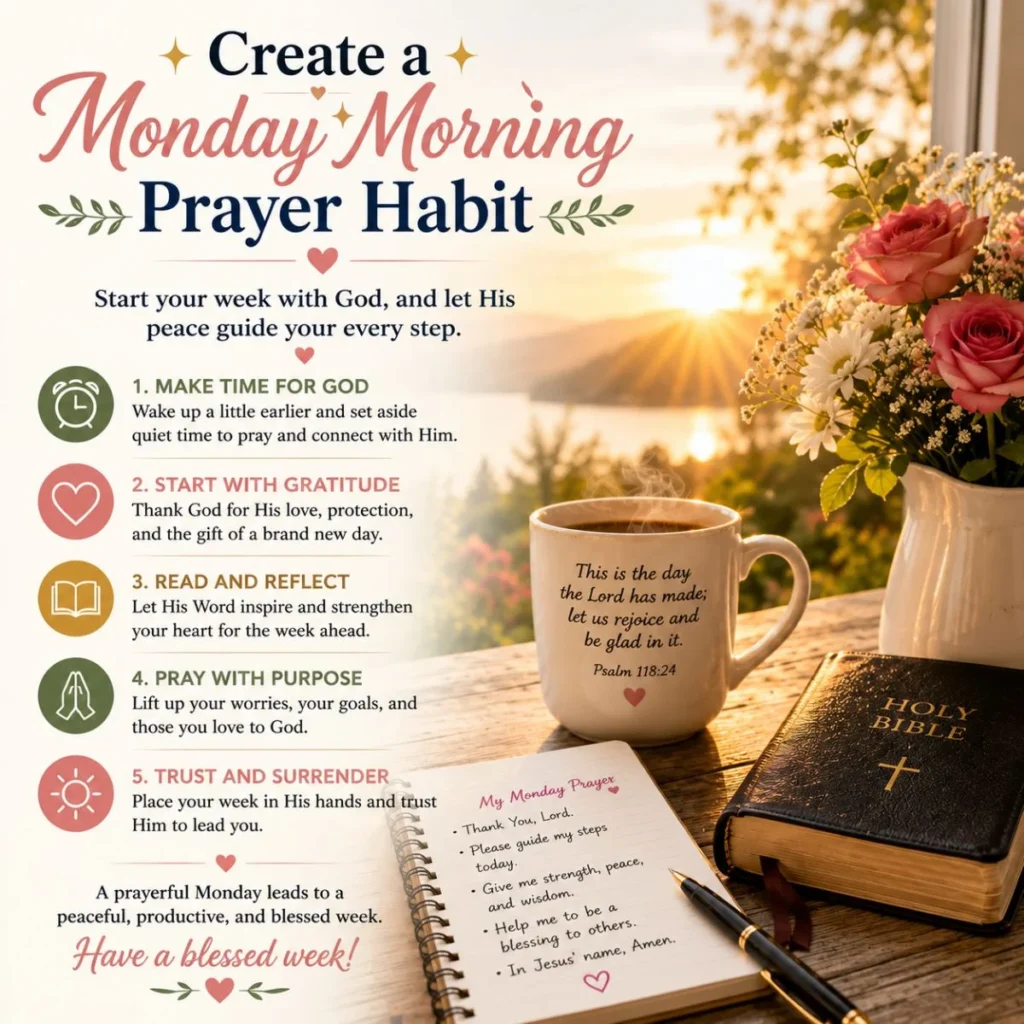 Monday morning prayer habit guide with Bible, coffee, flowers, and sunrise encouraging a peaceful, faith-filled week.