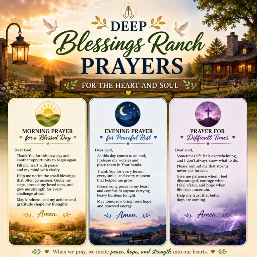 Deep Blessings Ranch prayers infographic with morning, evening, and difficult times prayers for the heart and soul