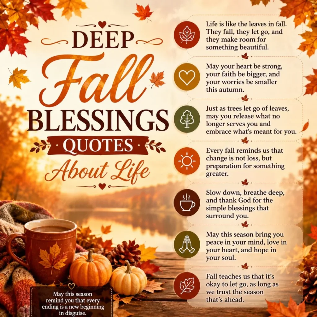 Cozy autumn graphic featuring deep fall blessings quotes about life with pumpkins, leaves, and inspirational messages.