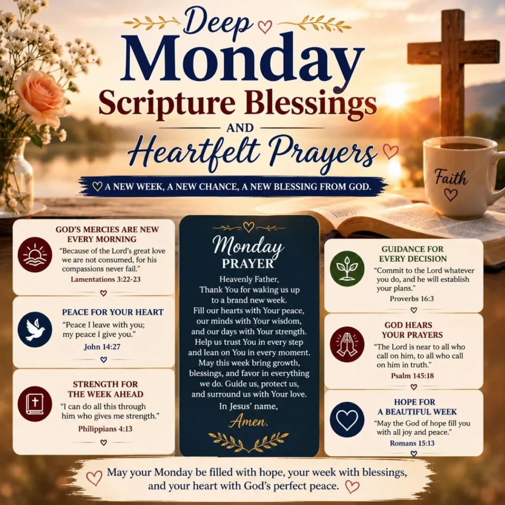 Deep Monday scripture blessings and heartfelt prayers image with Bible, cross, sunrise, and peaceful faith