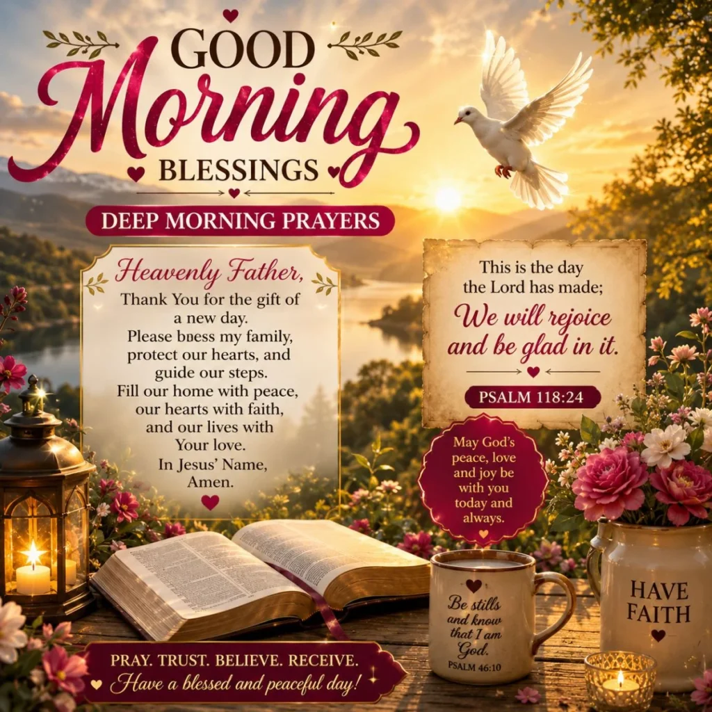 Deep morning prayers with Bible verse, sunrise, open Bible, dove, and good morning blessings for a peaceful day