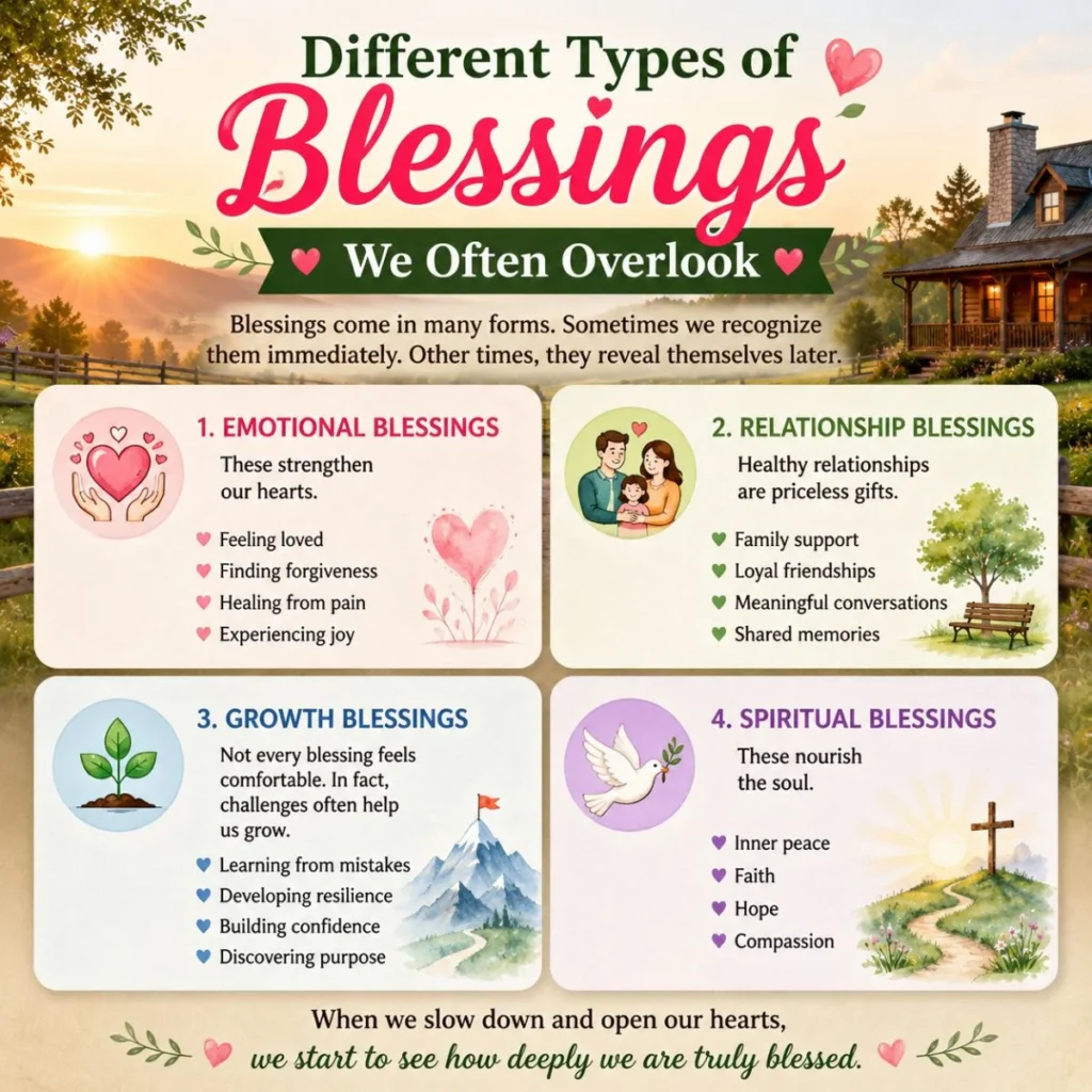 Infographic showing different types of blessings including emotional, relationship, growth, and spiritual blessings