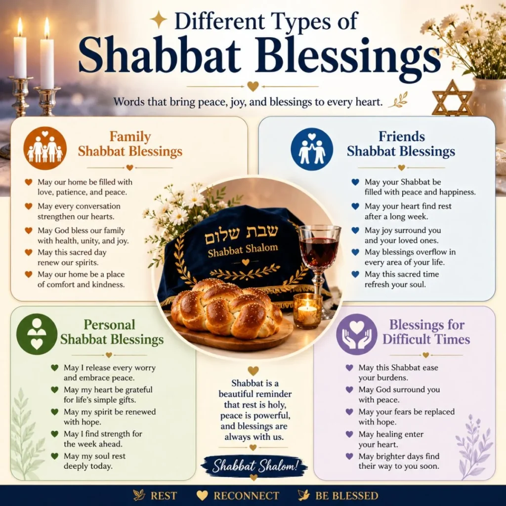 Different types of Shabbat blessings infographic with family, friends, personal, and difficult times blessing ideas