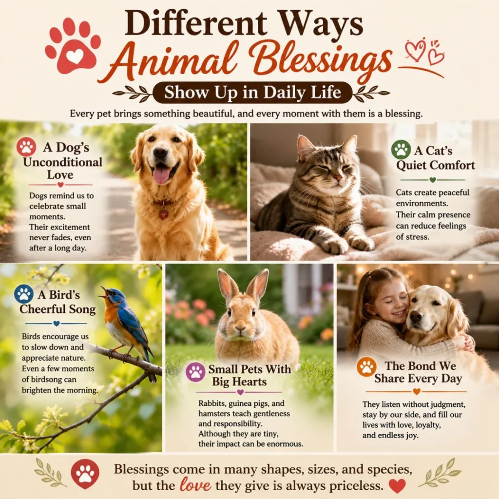 Different ways animal blessings show up in daily life with dogs, cats, birds, rabbits, and the joy pets bring to families