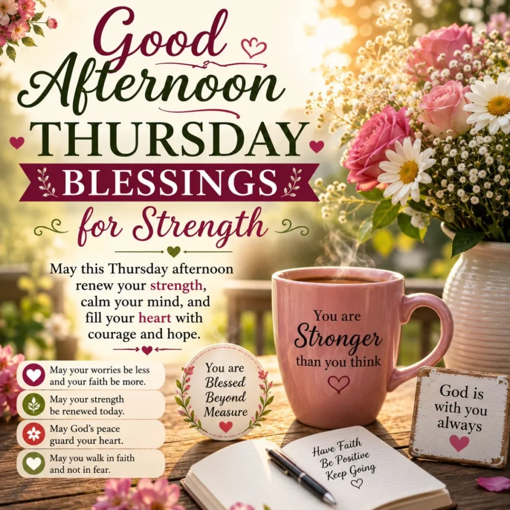 Good Afternoon Thursday Blessings for Strength image with flowers, coffee mug, and uplifting faith-filled message