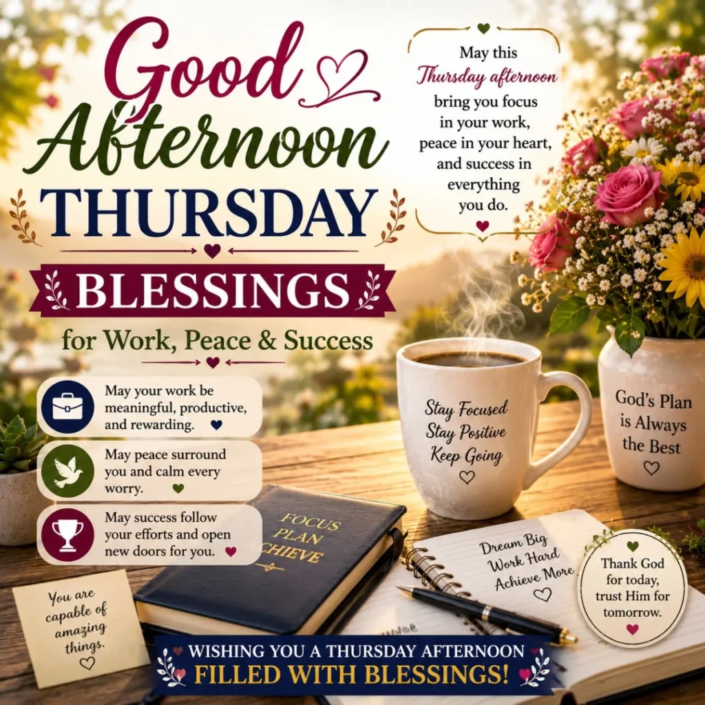 Good Afternoon Thursday Blessings for Work Peace and Success with inspiring message, coffee cup, and peaceful office setting