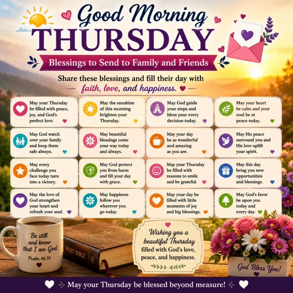 Good morning Thursday blessings to send to family and friends image with sunrise, Bible, flowers, and heartfelt messages