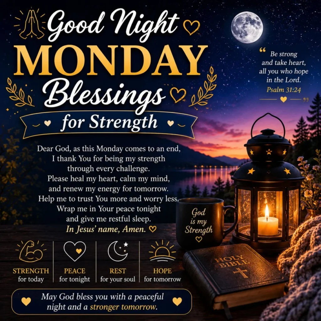 Good Night Monday Blessings for Strength image with lantern, Bible, moonlit lake, and peaceful nighttime prayer.