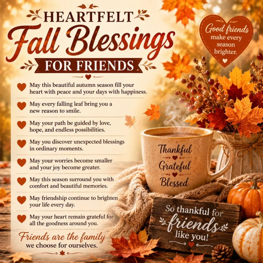 Cozy autumn image with heartfelt fall blessings for friends, pumpkins, leaves, and warm friendship quotes.