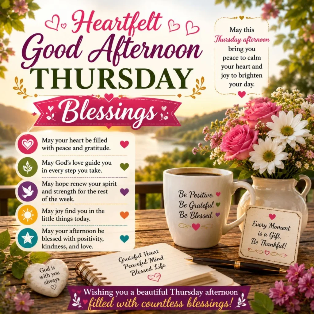 Heartfelt Good Afternoon Thursday Blessings image with flowers, coffee mug, peaceful lake view, and inspirational message