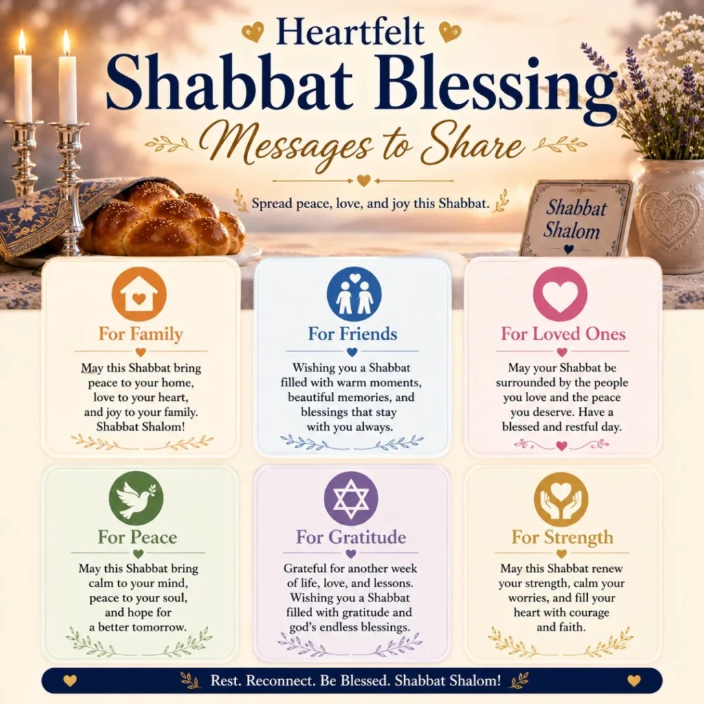 Heartfelt Shabbat blessing messages infographic with candles, challah bread, and blessings for family, friends, and peace