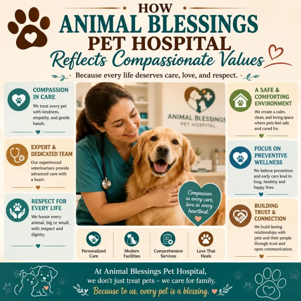 Animal Blessings Pet Hospital infographic highlighting compassionate veterinary care, wellness, and trust for pets and families