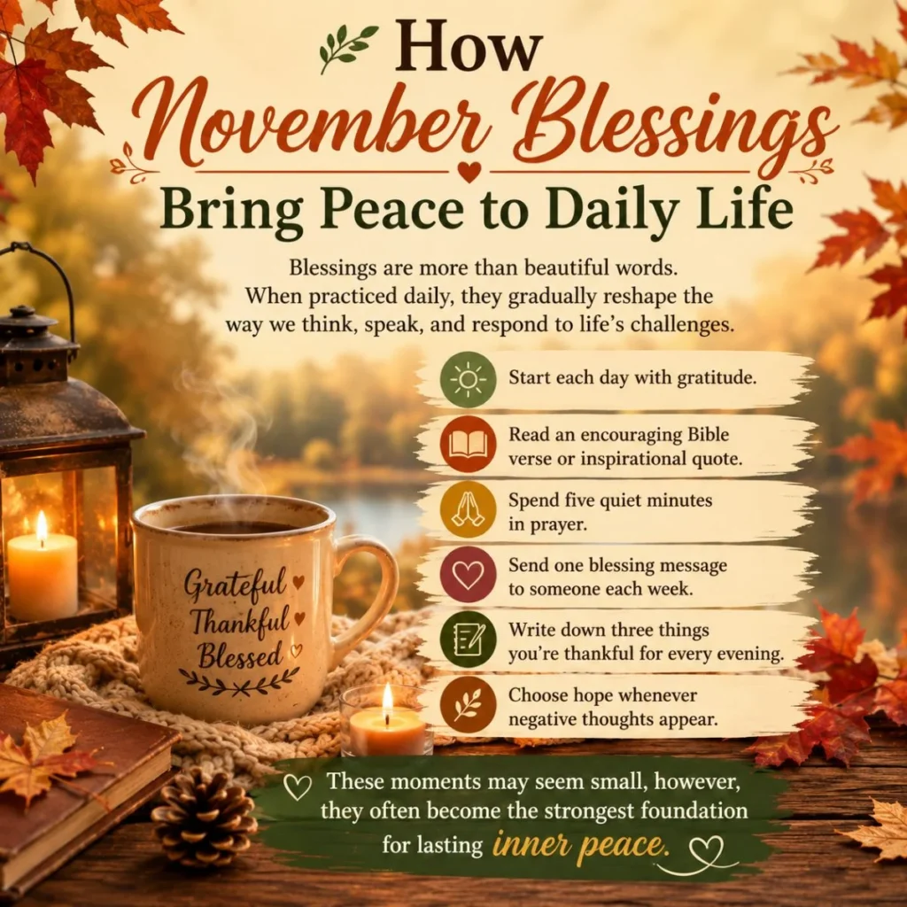November blessings bring peace to daily life with gratitude journal, prayer, autumn leaves, candles, and a cozy coffee mug