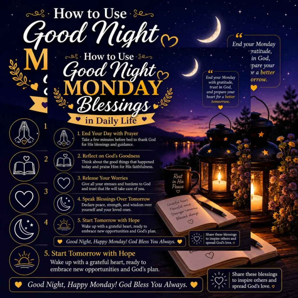 How to Use Good Night Monday Blessings in Daily Life image with prayer tips, lantern, moonlit lake, and faith symbols