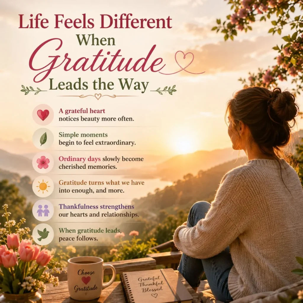 Woman reflecting at sunrise as gratitude brings peace, joy, and a positive outlook on life