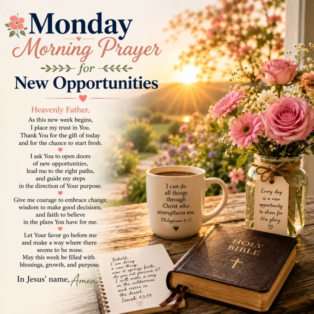 Monday morning prayer for new opportunities with sunrise, Bible, coffee mug, flowers, and inspirational scripture.