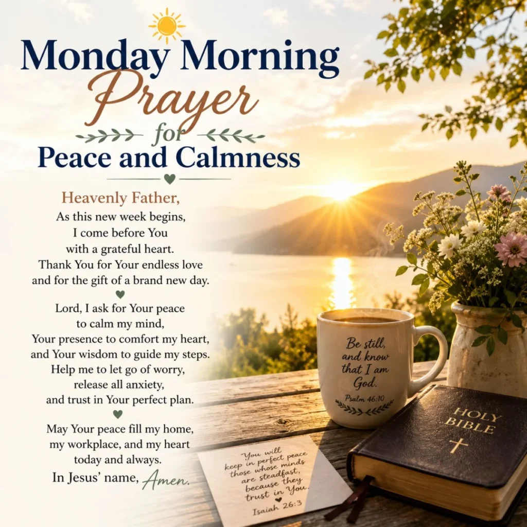 Monday morning prayer for peace and calmness with sunrise, Bible, coffee mug, flowers, and peaceful lakeside scenery.