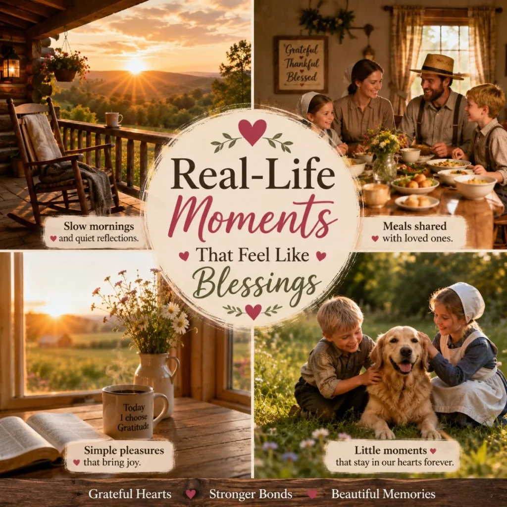 Family enjoying a peaceful outdoor moment at sunset, reflecting real-life blessings, gratitude, and meaningful connections