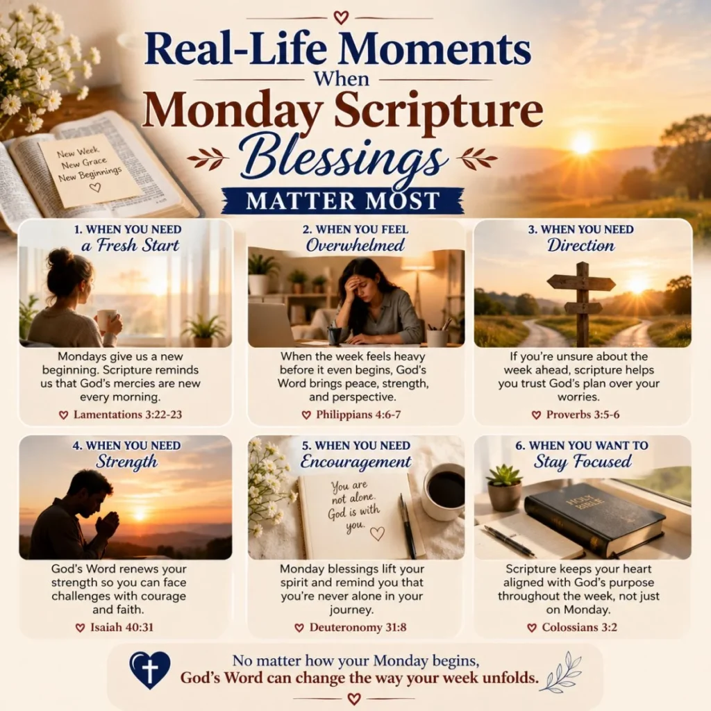 Real-life Monday scripture blessings image showing faith, hope, prayer, and peaceful new beginnings