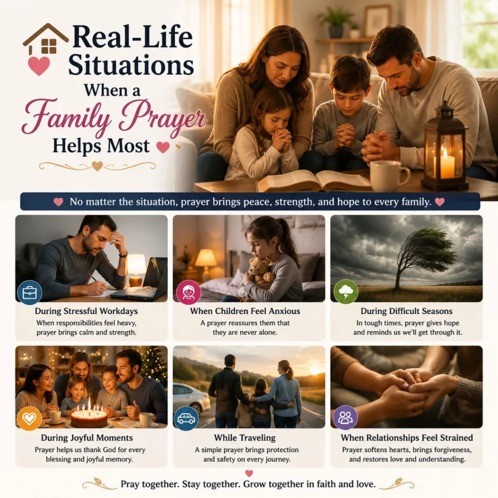 Family praying together at home during everyday moments, bringing peace, comfort, and emotional support