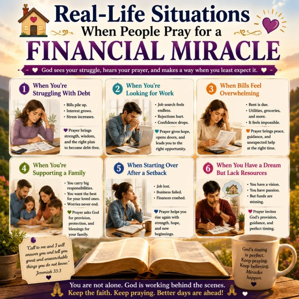 Real-life situations when people pray for a financial miracle infographic with Bible, family, debt, work, and faith themes