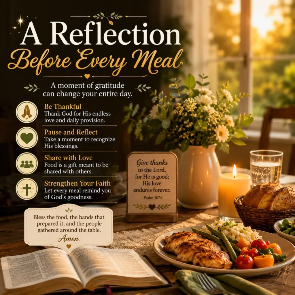 Reflection before every meal with prayer, gratitude, faith, and a peaceful dining table setting
