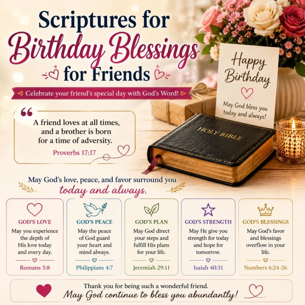 Scriptures for birthday blessings for friends with Bible verses, flowers, gifts, and faith-filled birthday wishes