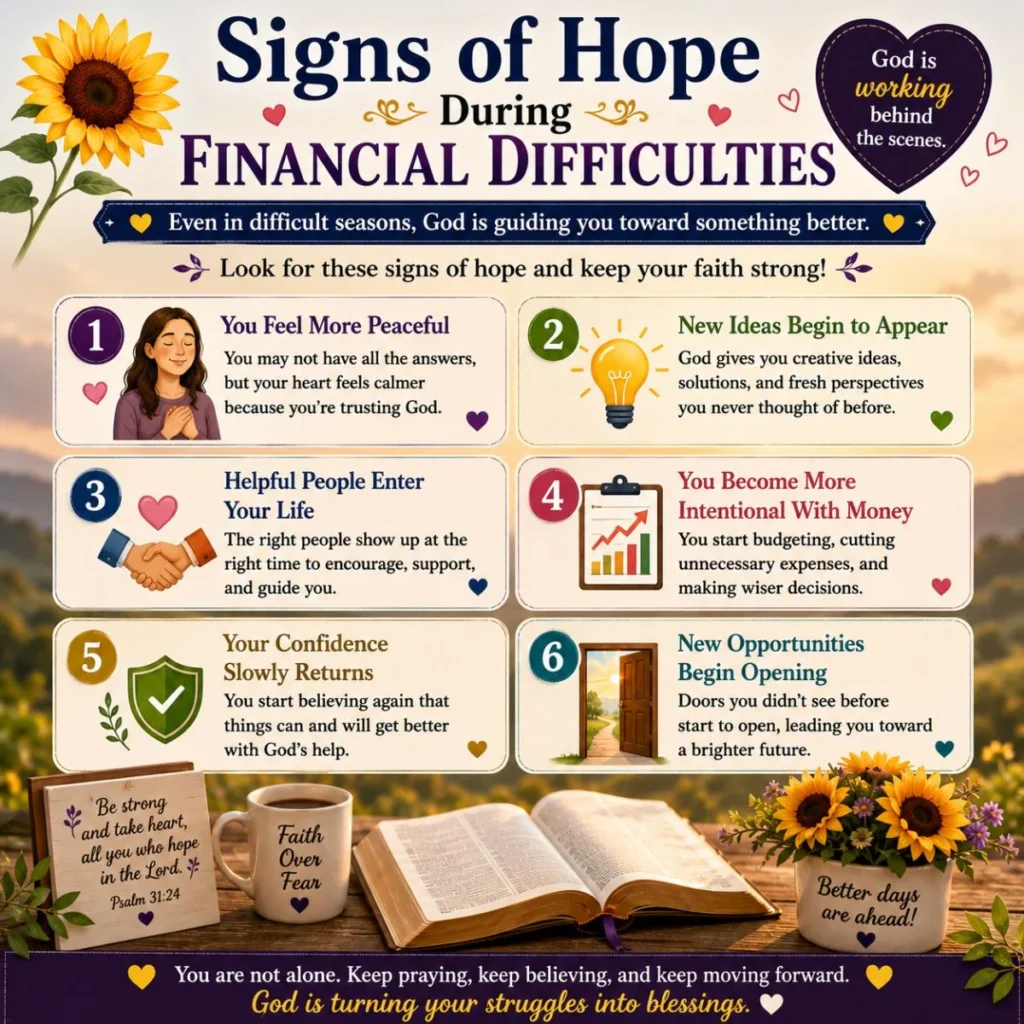 Signs of hope during financial difficulties infographic with Bible, sunflowers, faith messages, and financial encouragement