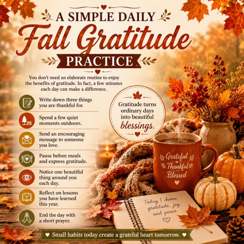 Cozy autumn infographic showing a simple daily fall gratitude practice with pumpkins, leaves, and gratitude reminders.
