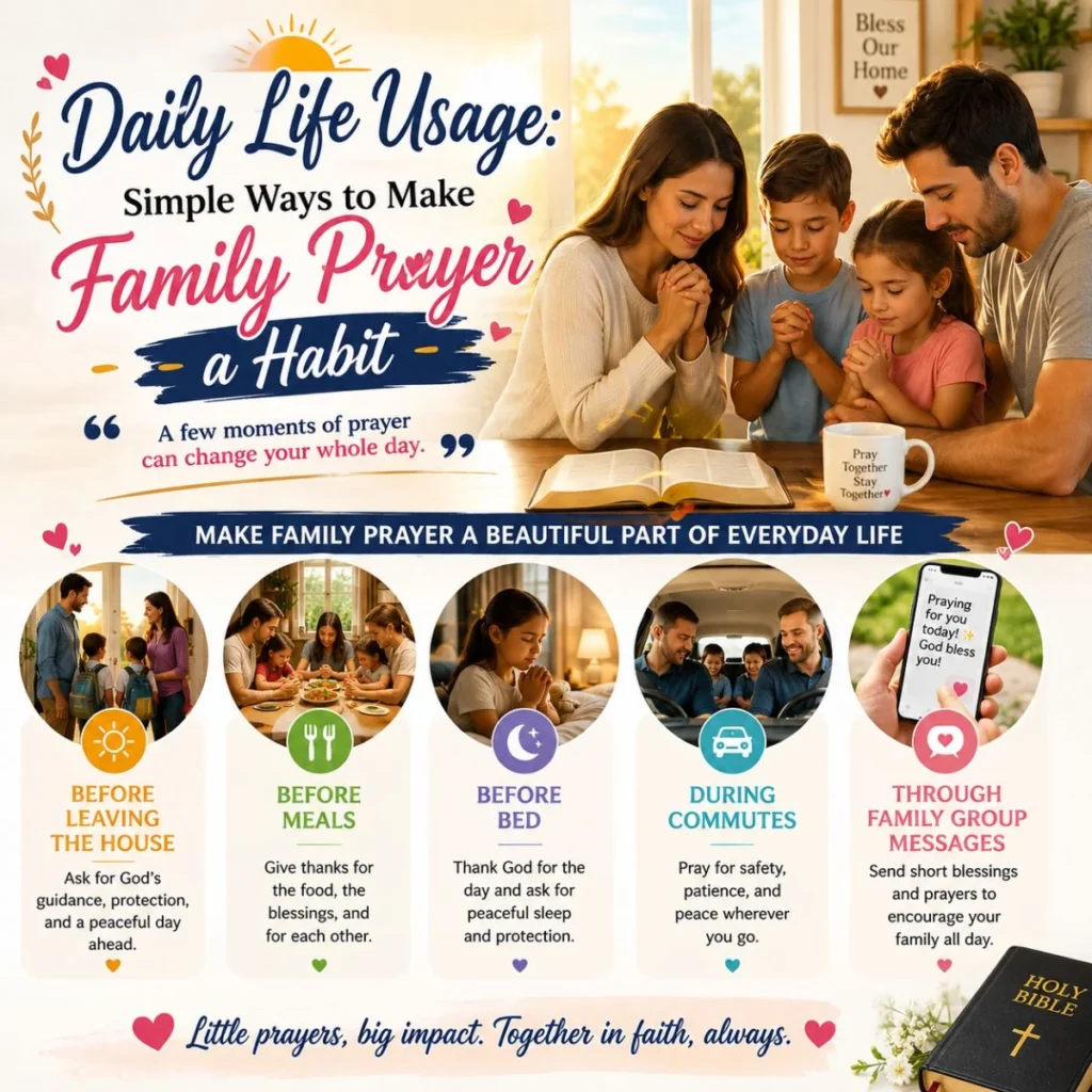 Family practicing daily prayer habits at home through meals, bedtime, commutes, and shared moments of faith