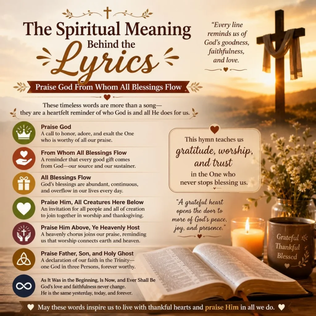 Spiritual infographic explaining the meaning behind Praise God From Whom All Blessings Flow lyrics with Bible and cross.