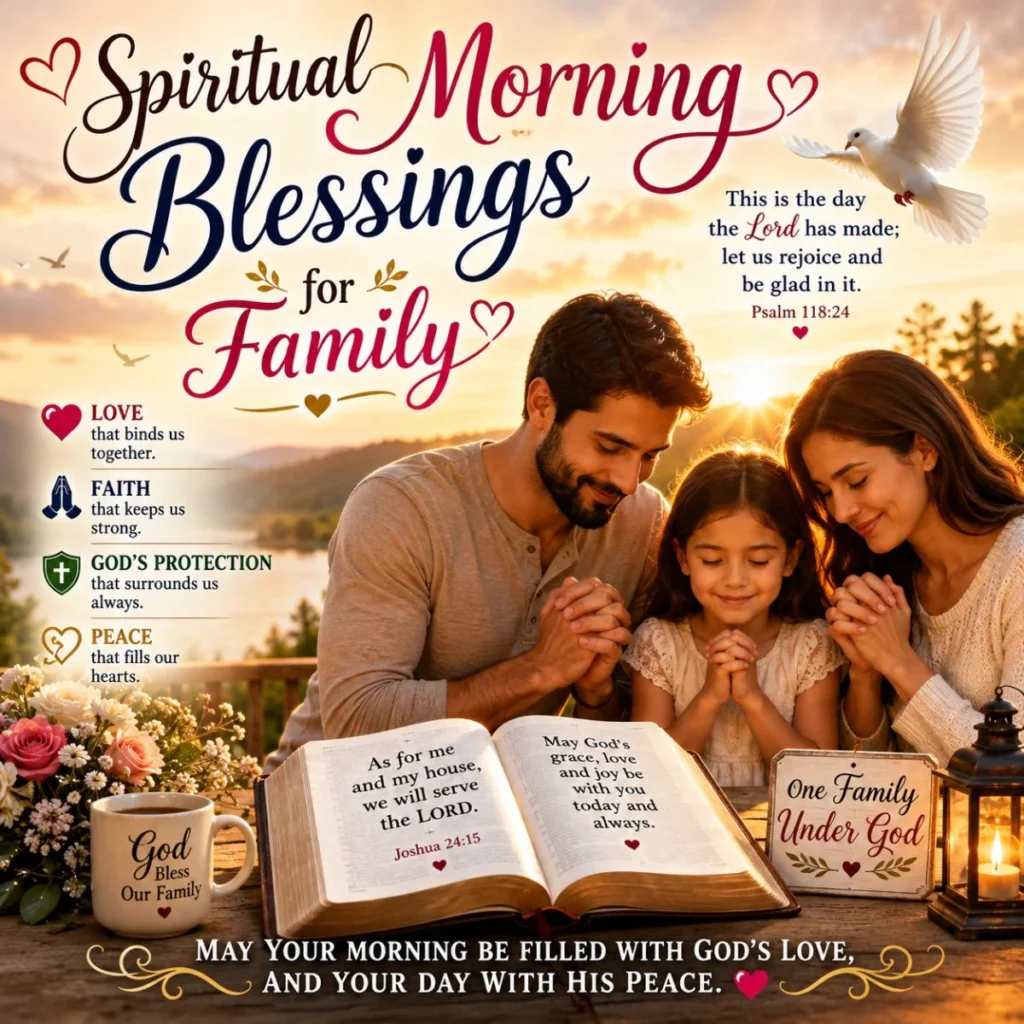 Spiritual morning blessings for family with parents and child praying together at sunrise, Bible, dove, and faith-filled message